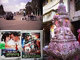 Kathmandu 03 01 Durbar Marg, Kollywood Posters, Dhyani Buddhas Statue Durbar Marg in Kathmandu has luxury hotels, restaurants serving international cuisine, travel agencies and airline offices, and pricey boutiques featuring names like the North Face, Nike, and Benetton. Although Bollywood films are very popular, Kathmandu has started its own movie industry called Kollywood. They even have their own oscar-type ceremonies, which I watched as I waited for my flight out of Kathmandu in October 2008. Small statues and temples are scattered all over Kathmandu. Here are two of the five Dhyani Buddhas with Amogasiddhi on the left and Amitabha on the right.